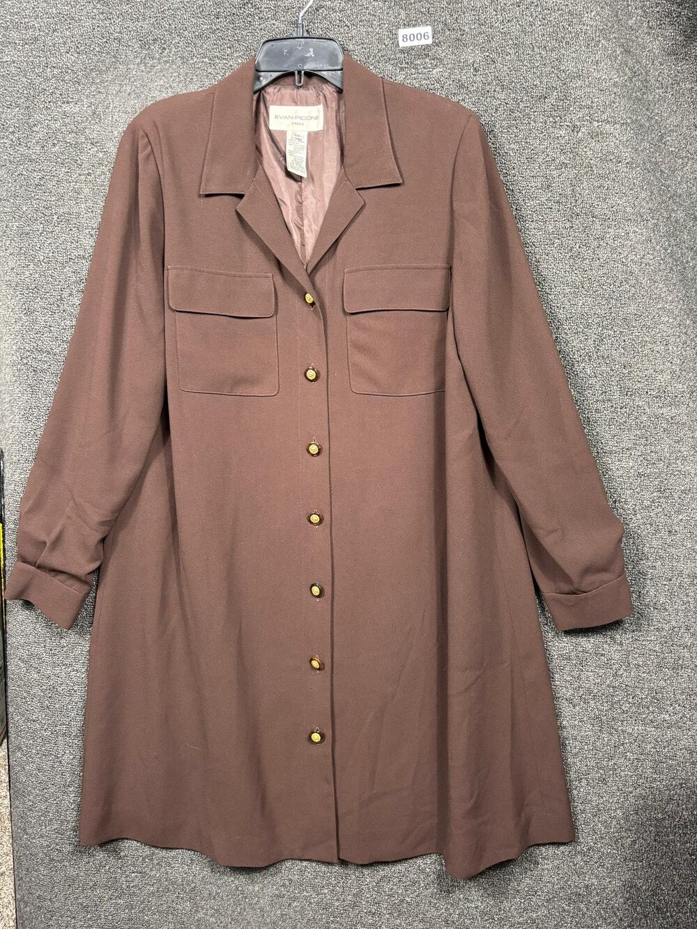Evan Picone Shirt Dress Womens 14 Brown Button Front Long Sleeve Lined Career